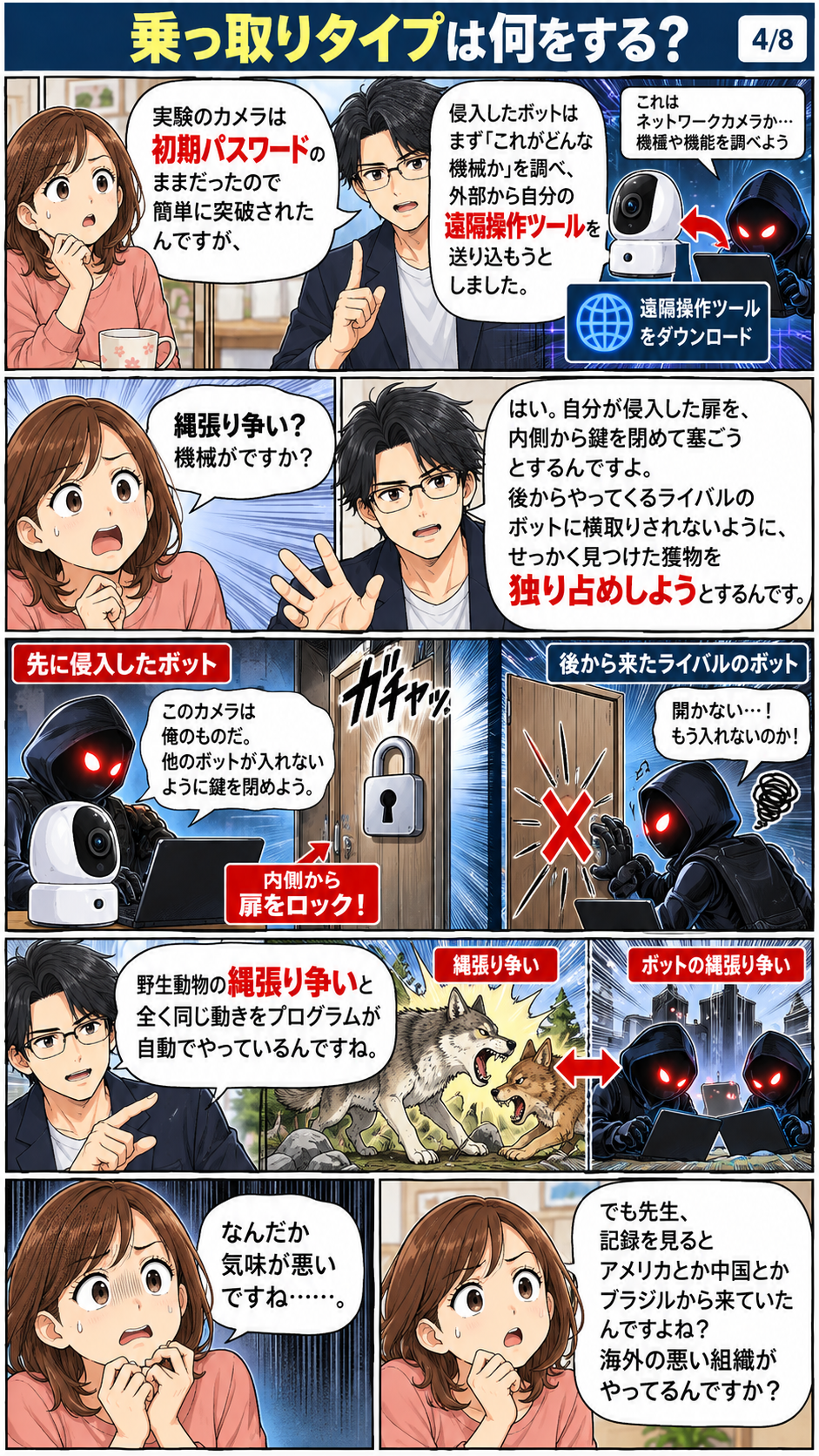 乗っ取り後に遠隔操作ツールを入れ、先着ボットと後続ボットが縄張り争いする漫画の説明。