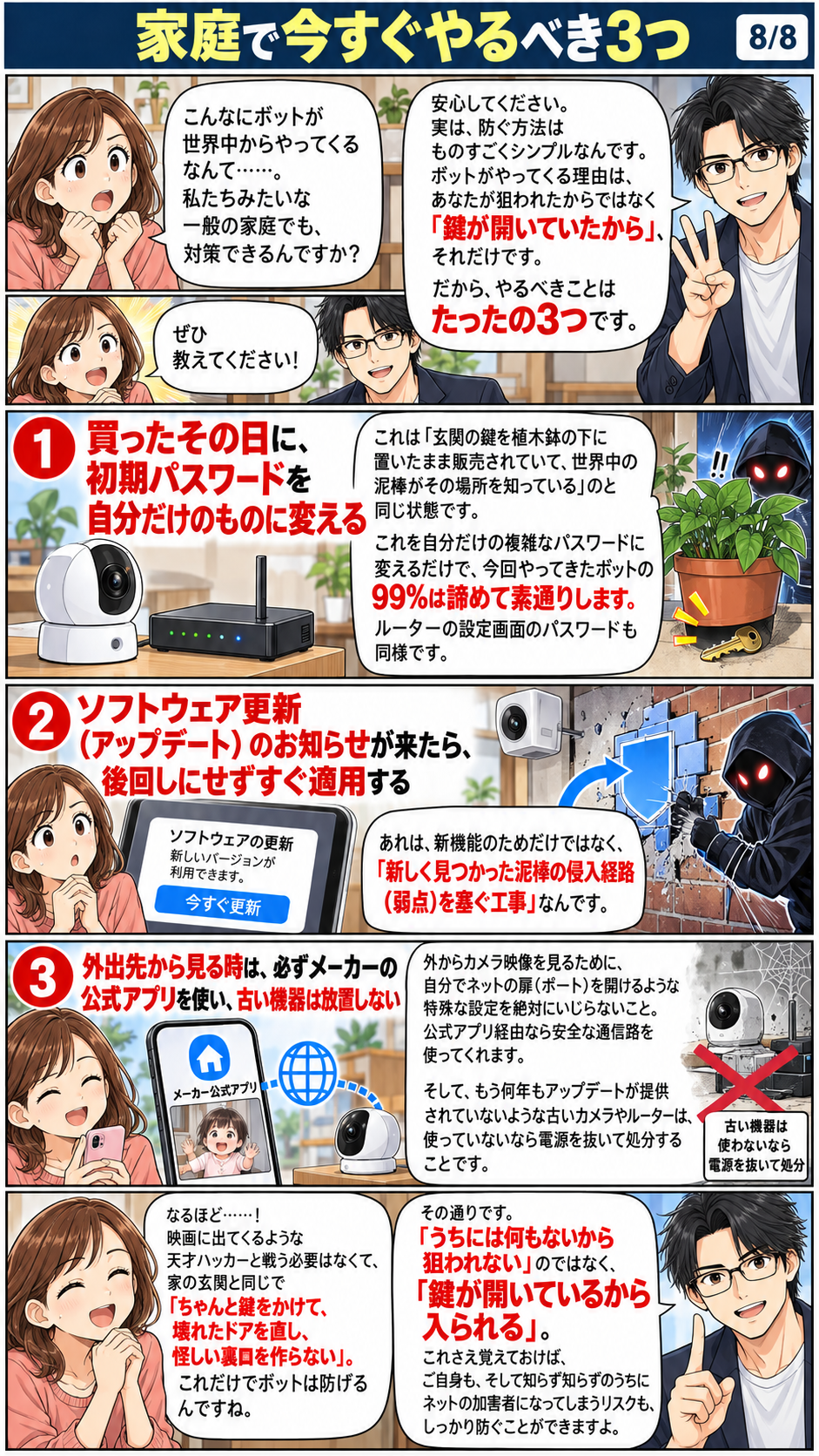 家庭で今すぐできる3つの対策：初期パスワード変更、ソフトウェア更新、公式アプリと古い機器の扱い。